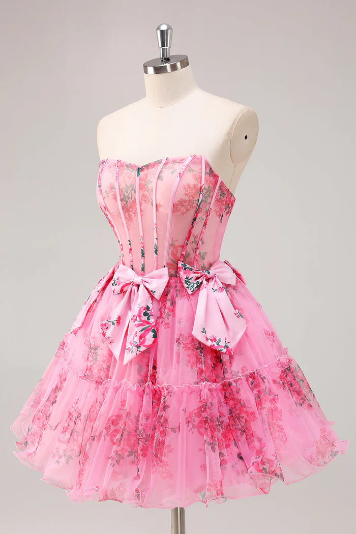 Weitese Dress Fuchsia A-Line Floral Corset Tulle Homecoming Dress Bows Strapless Party Dress